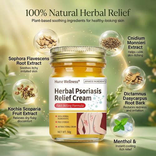 Natural herbal ingredients used in Hune Wellness Psoriasis Relief Cream manufactured in Japan